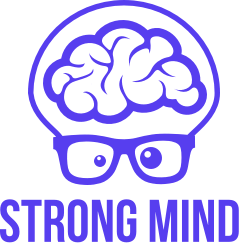 Logo Strong Mind : personnage avec un cerveau et des lunettes