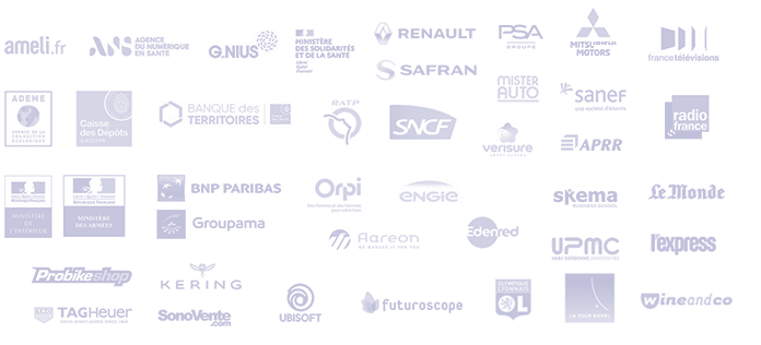 Pèle-mêle de logos de clients : Ameli.fr, ANS, G_Nius, Renault, SNCF, ADEME, BNP Paribas, Orpi, Kering,