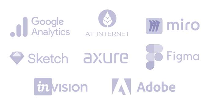pèle-mêle de logos Google analytics, AT Internet, Miro, Sketch, Axure, Figma, Invision, Adobe