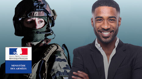 visuel du Ministère des Armées avec un soldat et un civil