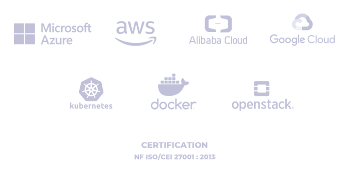 Pèle-mêle de logo Microsoft Azure, AWS, Alibaba Cloud, Google Cloud, Kubernetes, Docker, Openstack, Certification NF ISO/CEI 27001:2013