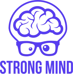 Logo Strong Mind : personnage avec un cerveau et des lunettes